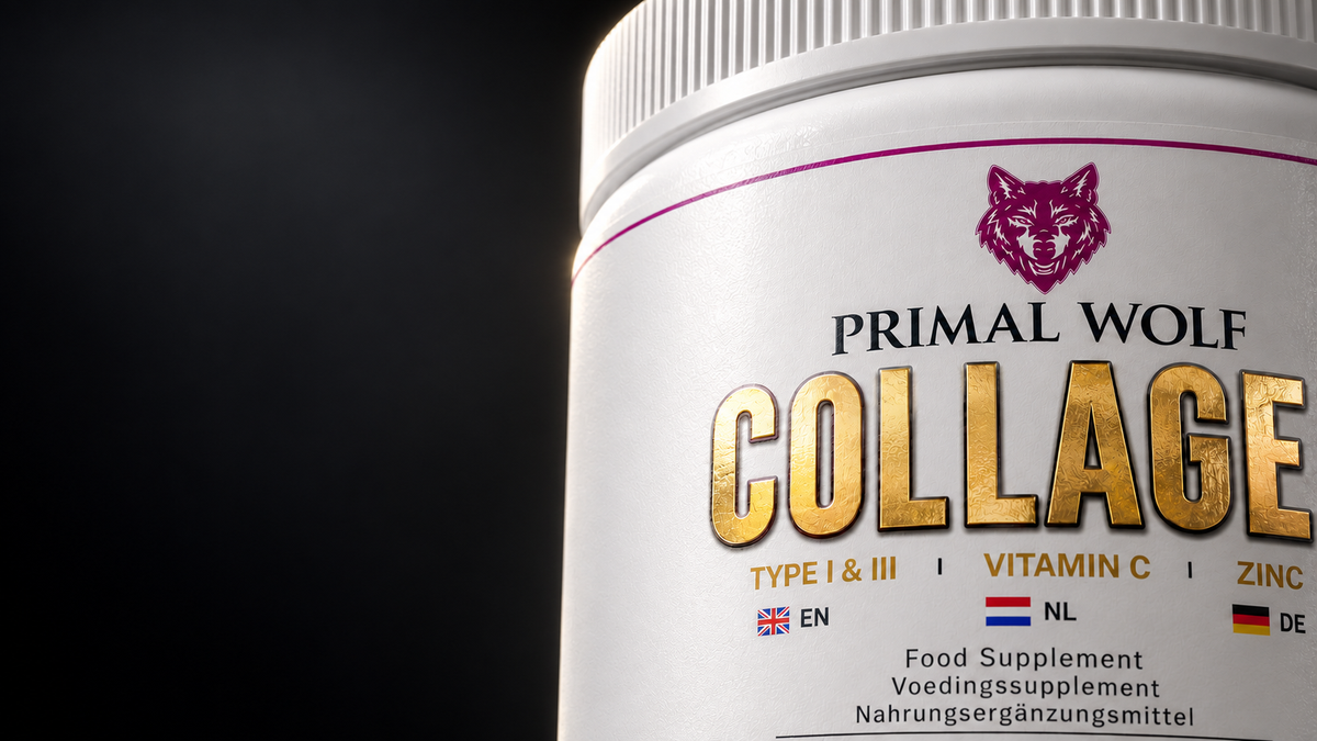 Primal Wolf Collagen on a dark premium background