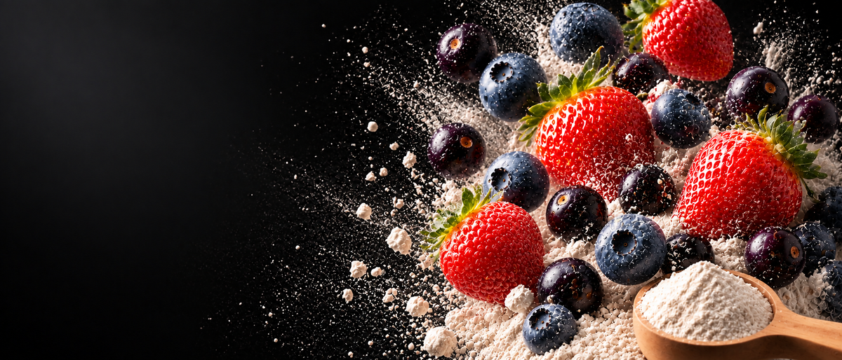 Primal Wolf Electrolyte Mixed Berry banner with strawberry, blueberry and acai on dark background