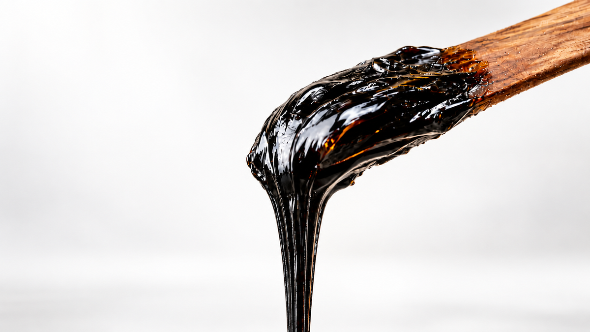 Primal Wolf Shilajit resin on a clean white background with copper-toned wooden spatula