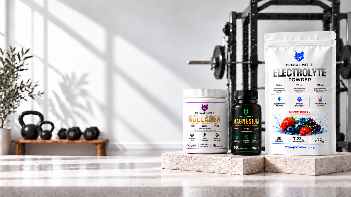 Primal Wolf Collagen, Magnesium and Electrolyte Powder in a bright home gym without a training bench