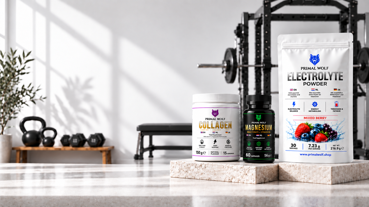 Primal Wolf Collagen, Magnesium and Electrolyte Powder in a bright home gym